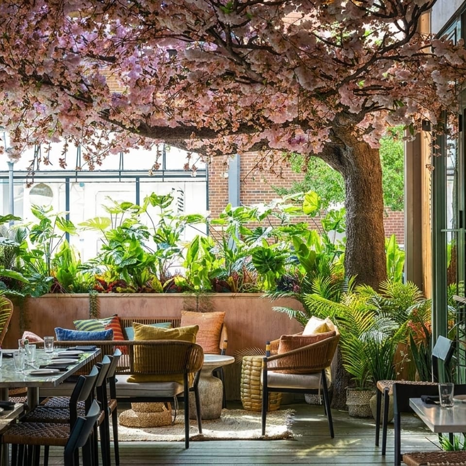 Restaurant interior with lush green plants, a large cherry blossom tree, and set tables with chairs.