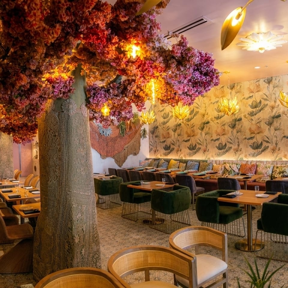 Restaurant dining room with large faux trees, floral wallpaper, and velvet seating under warm lighting.
