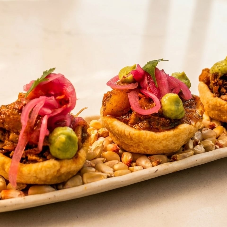 Three mini tacos with meat, pickled onions, and green sauce on a bed of corn kernels.