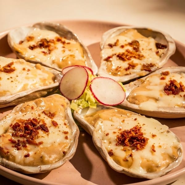 Baked oysters topped with melted cheese and bacon bits, garnished with radishes and lettuce.