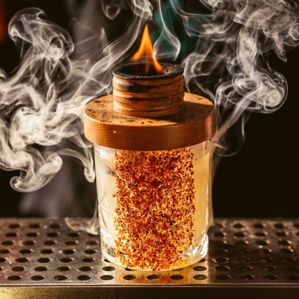 A smoked cocktail with a flaming wooden lid and chili flakes on the glass rim.