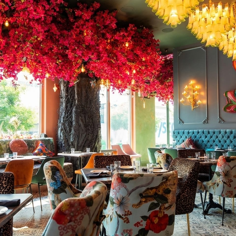 Vibrant restaurant interior with a large tree adorned with red flowers, colorful chairs, and a tiger art piece.