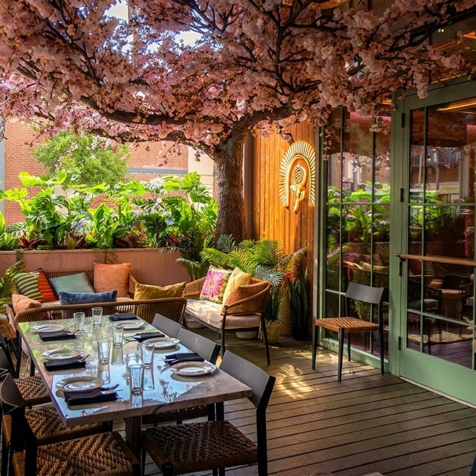 Outdoor restaurant patio with a long dining table, lush plants, and a pink cherry blossom tree.